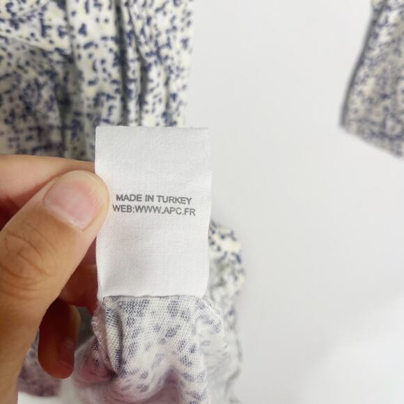 APC Womens XS White Blue Cream Printed Tie Waist Cotton Linen Dress Long Sleeve - Picture 11 of 11